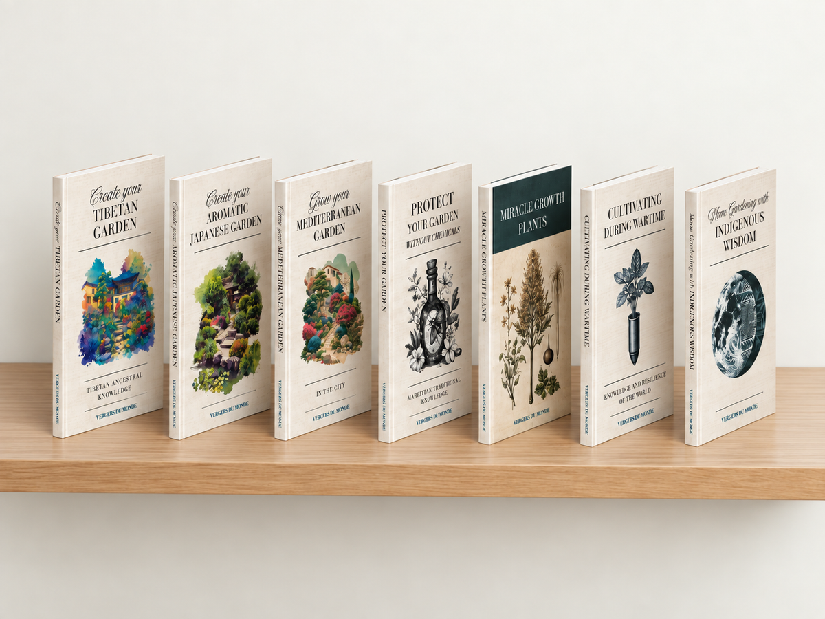 The 7 Vergers du Monde garden books on a shelf
